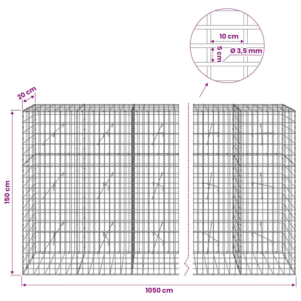vidaXL Gabion z drutu 3,5 mm i siatką 5x10 cm 1050x20x150 cm