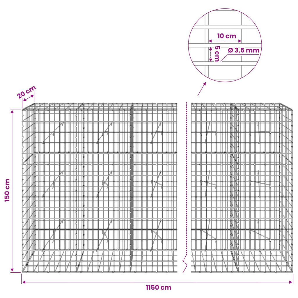 vidaXL Gabion z drutu 3,5 mm i siatką 5x10 cm 1150x20x150 cm