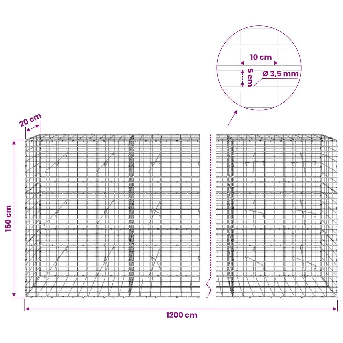vidaXL Gabion z drutu 3,5 mm i siatką 5x10 cm 1200x20x150 cm