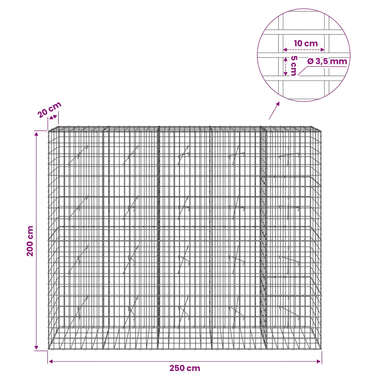 vidaXL Gabion z drutu 3,5 mm i siatką 5x10 cm 250x20x200 cm