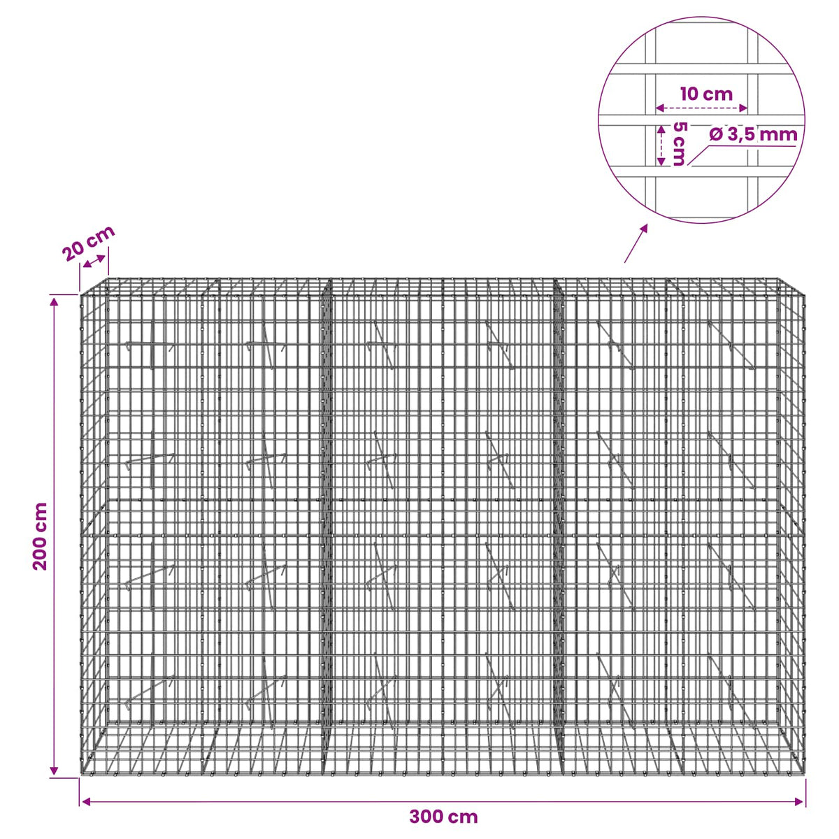 vidaXL Gabion z drutu 3,5 mm i siatką 5x10 cm 300x20x200 cm
