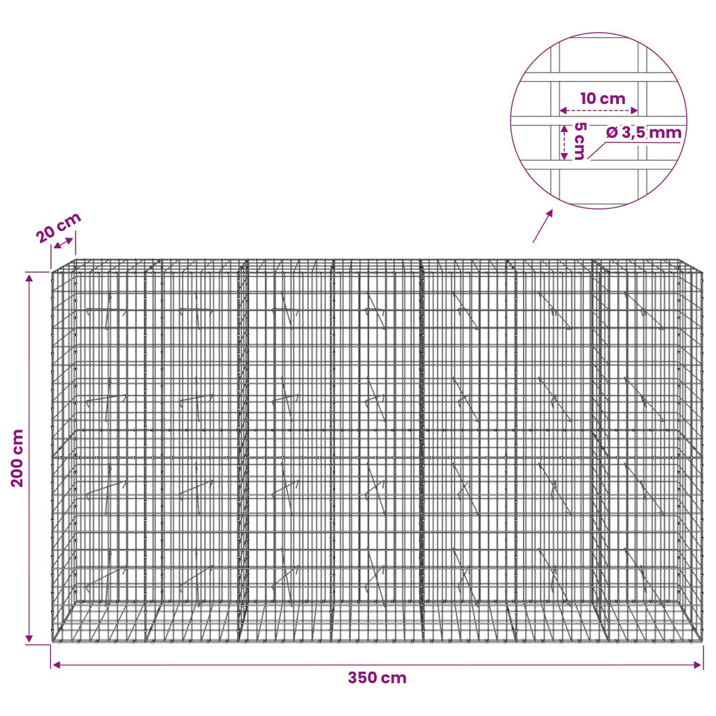 vidaXL Gabion z drutu 3,5 mm i siatką 5x10 cm 350x20x200 cm