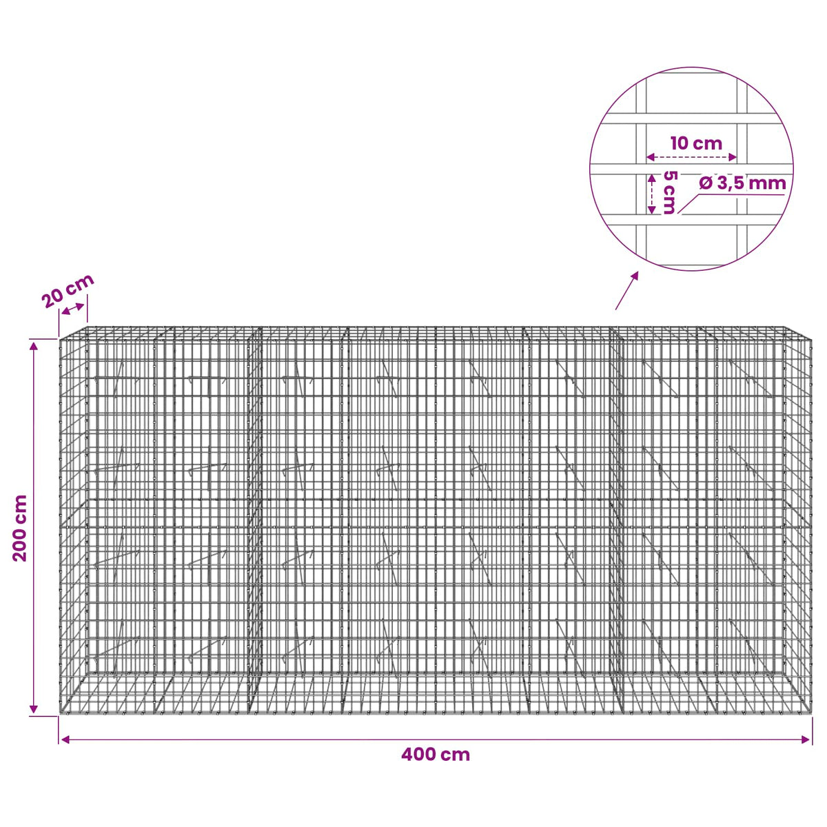 vidaXL Gabion z drutu 3,5 mm i siatką 5x10 cm 400x20x200 cm