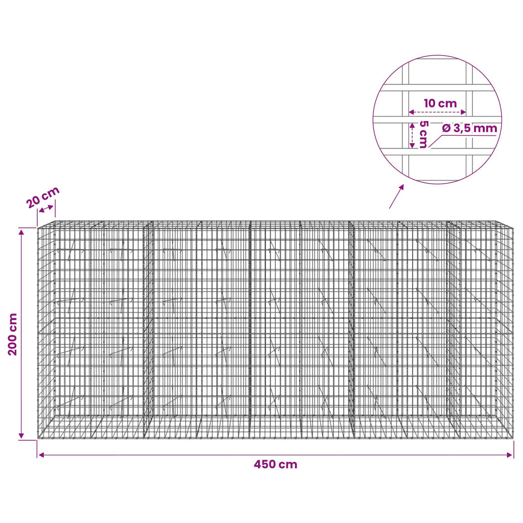 vidaXL Gabion z drutu 3,5 mm i siatką 5x10 cm 450x20x200 cm