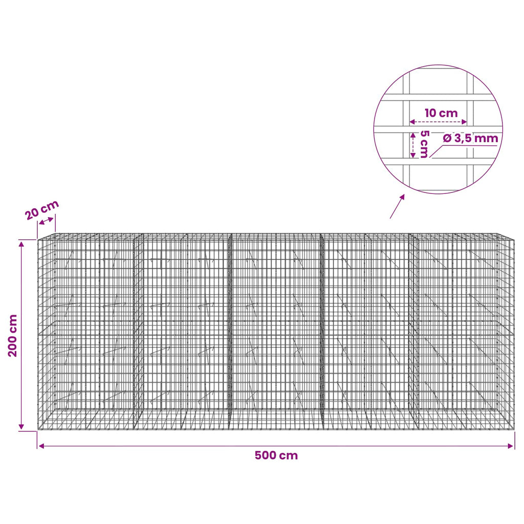 vidaXL Gabion z drutu 3,5 mm i siatką 5x10 cm 500x20x200 cm
