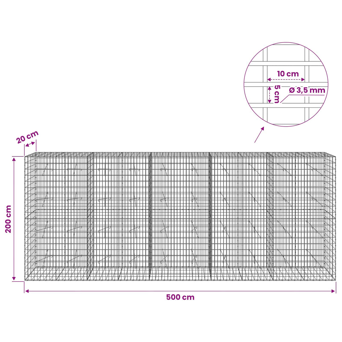 vidaXL Gabion z drutu 3,5 mm i siatką 5x10 cm 500x20x200 cm