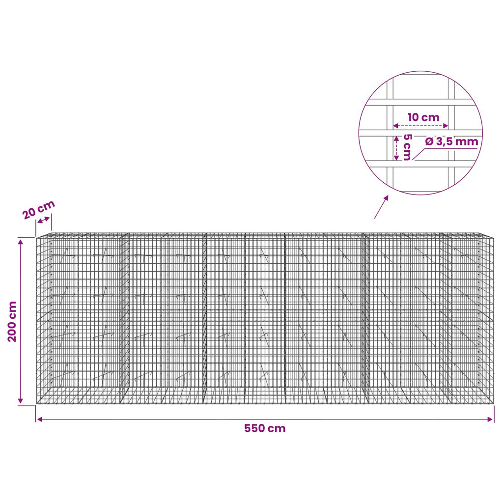 vidaXL Gabion z drutu 3,5 mm i siatką 5x10 cm 550x20x200 cm