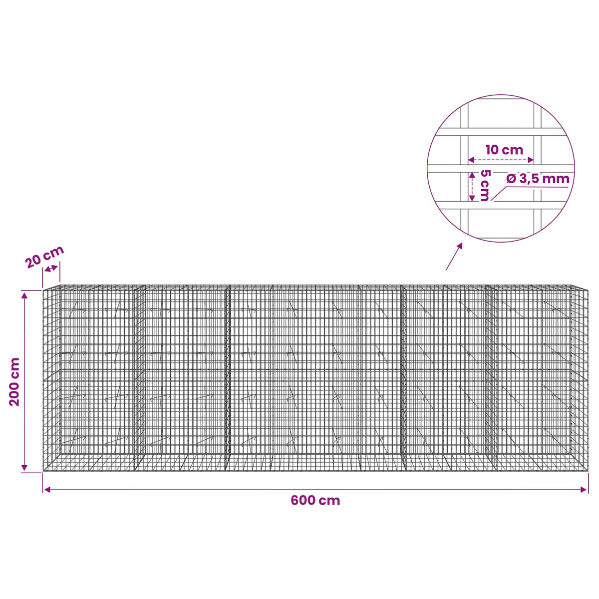 vidaXL Gabion z drutu 3,5 mm i siatką 5x10 cm 600x20x200 cm