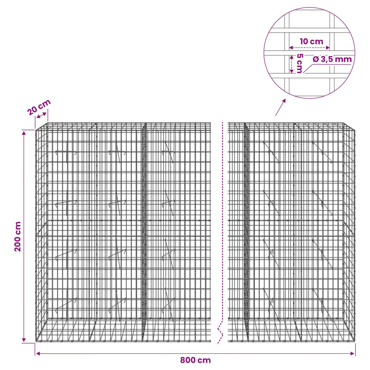vidaXL Gabion z drutu 3,5 mm i siatką 5x10 cm 800x20x200 cm