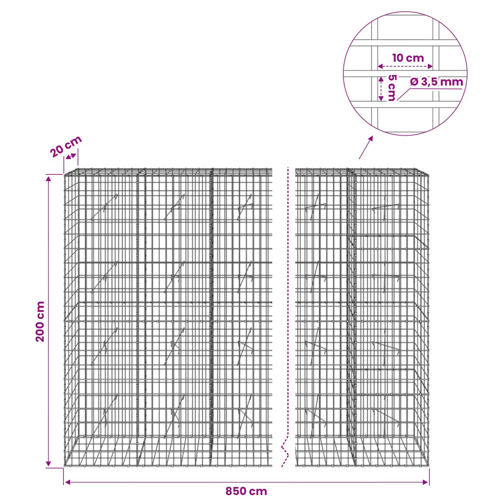 vidaXL Gabion z drutu 3,5 mm i siatką 5x10 cm 850x20x200 cm