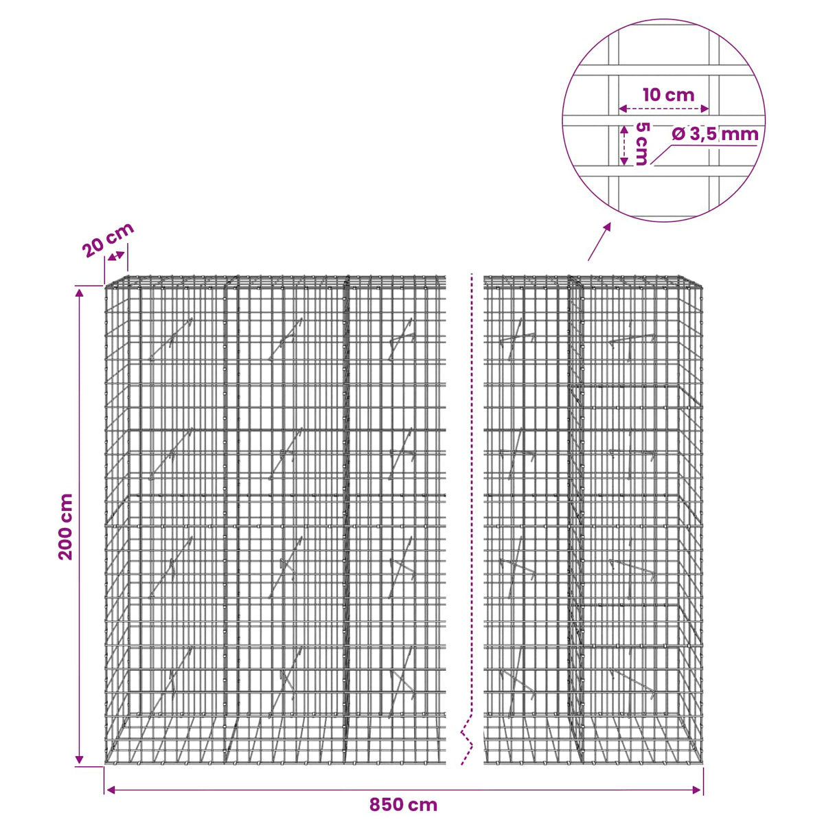 vidaXL Gabion z drutu 3,5 mm i siatką 5x10 cm 850x20x200 cm