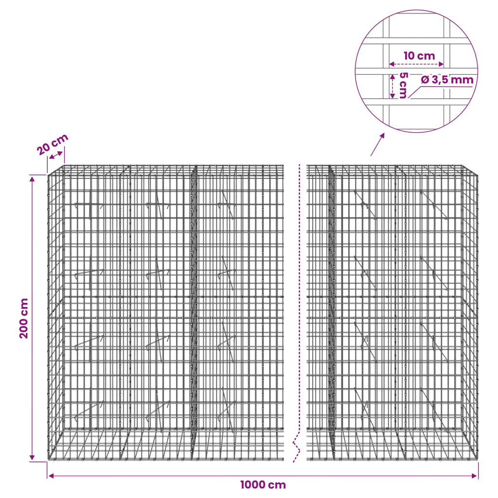 vidaXL Gabion z drutu 3,5 mm i siatką 5x10 cm 1000x20x200 cm