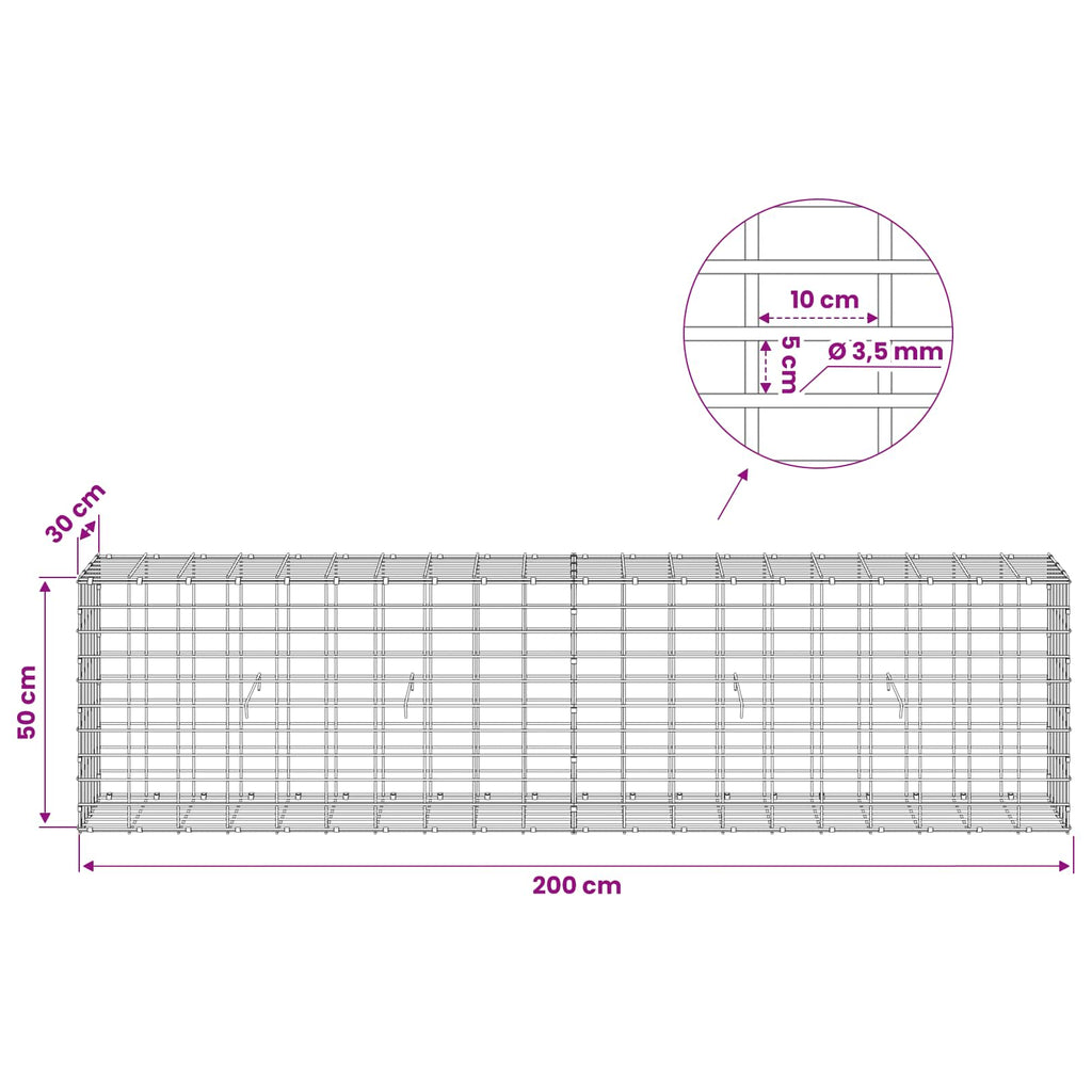 vidaXL Gabion z drutu 3,5 mm i siatką 5x10 cm 200x30x50 cm