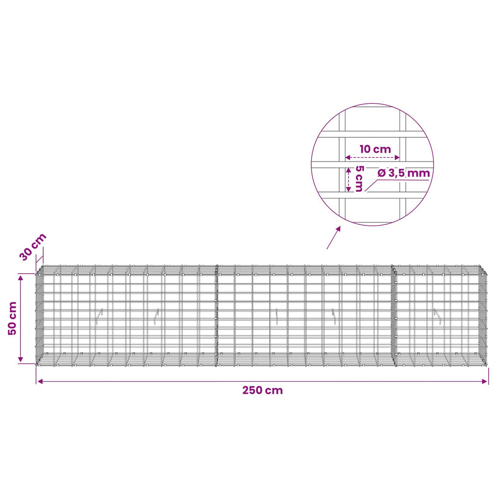 vidaXL Gabion z drutu 3,5 mm i siatką 5x10 cm 250x30x50 cm