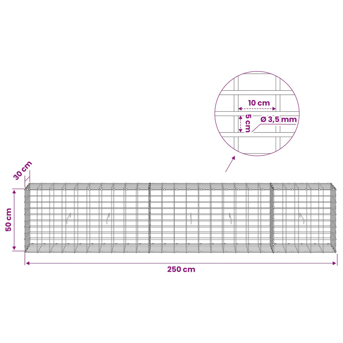 vidaXL Gabion z drutu 3,5 mm i siatką 5x10 cm 250x30x50 cm