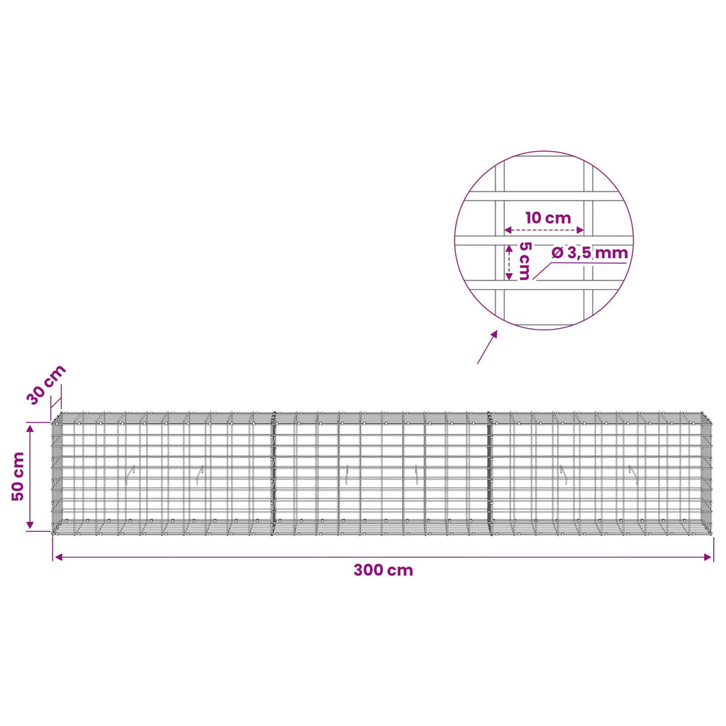 vidaXL Gabion z drutu 3,5 mm i siatką 5x10 cm 300x30x50 cm