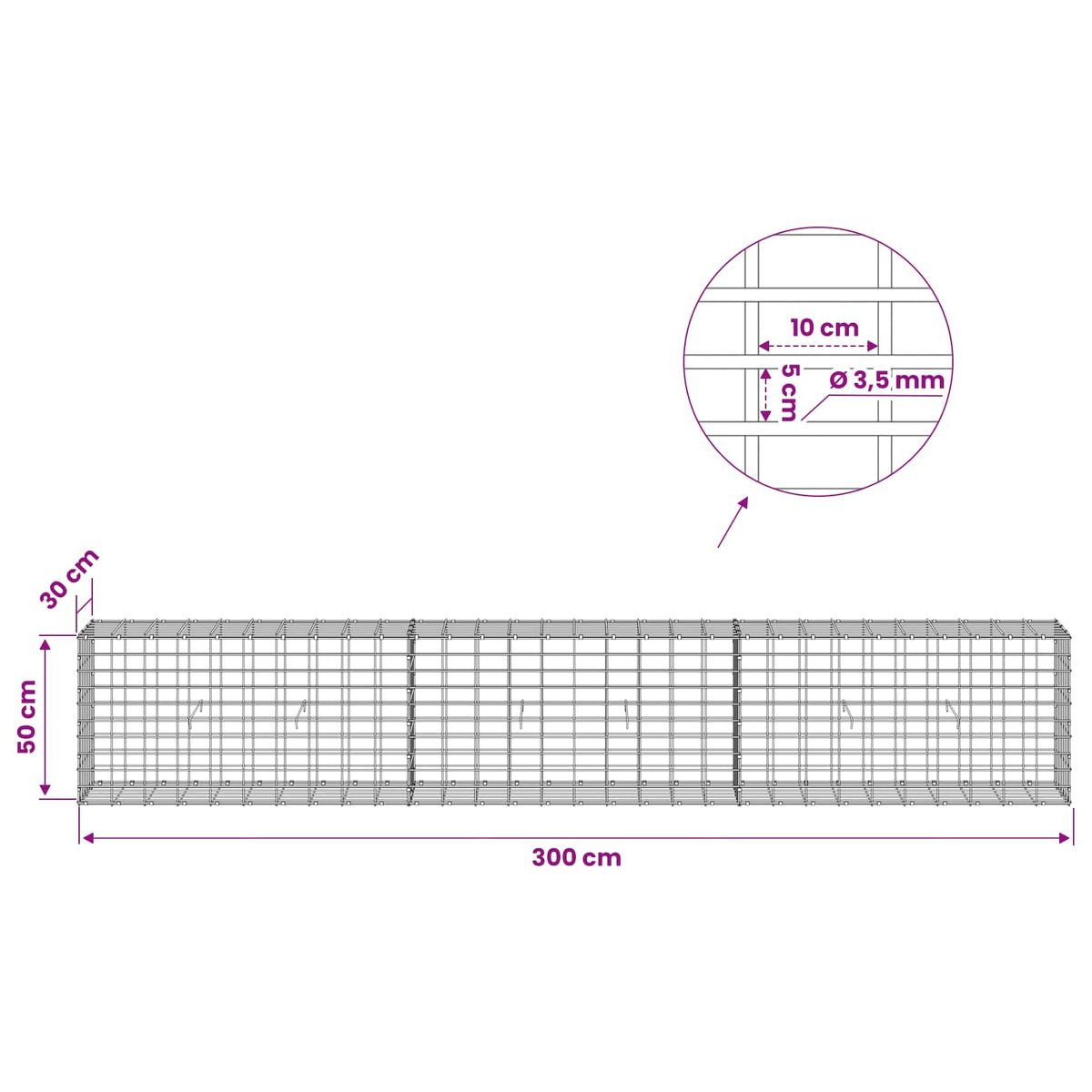 vidaXL Gabion z drutu 3,5 mm i siatką 5x10 cm 300x30x50 cm