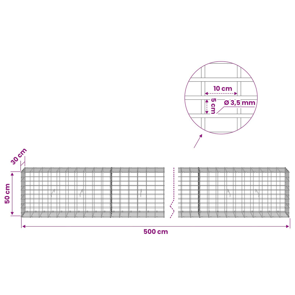 vidaXL Gabion z drutu 3,5 mm i siatką 5x10 cm 500x30x50 cm
