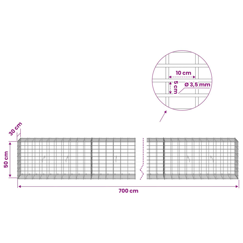 vidaXL Gabion z drutu 3,5 mm i siatką 5x10 cm 700x30x50 cm