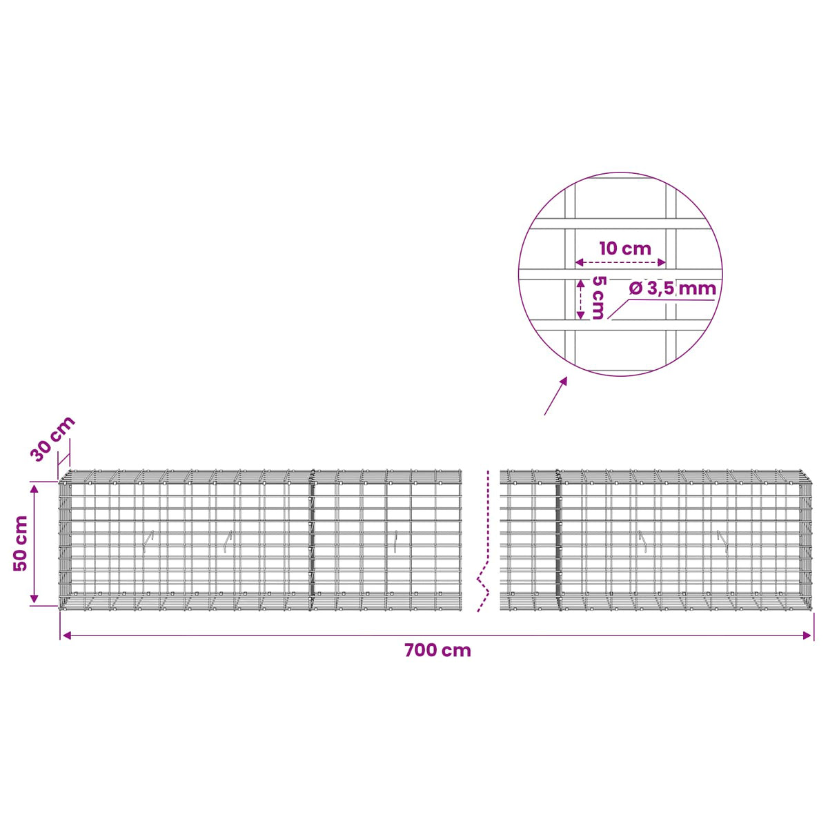 vidaXL Gabion z drutu 3,5 mm i siatką 5x10 cm 700x30x50 cm