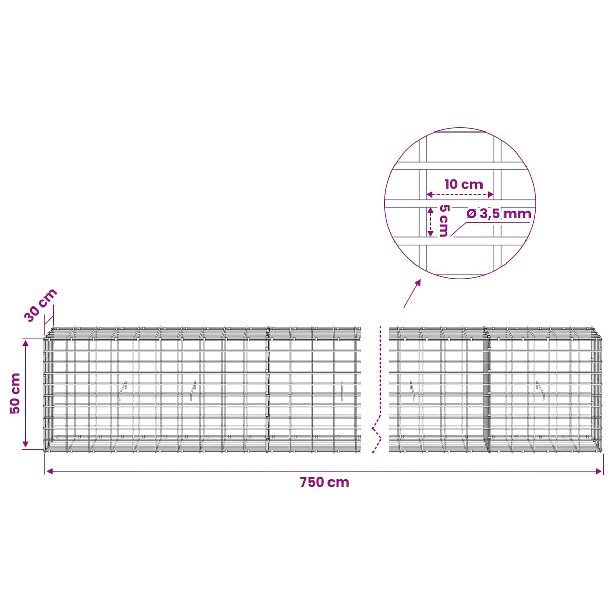 vidaXL Gabion z drutu 3,5 mm i siatką 5x10 cm 750x30x50 cm