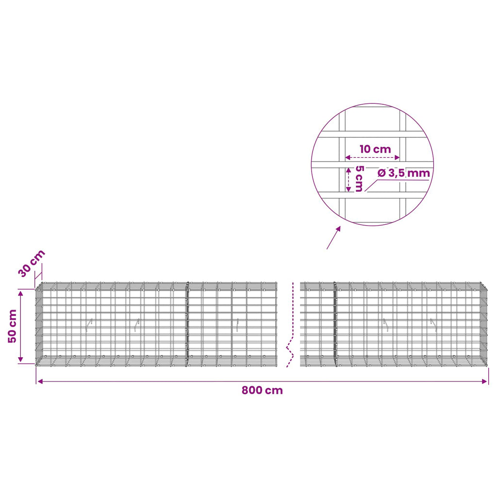 vidaXL Gabion z drutu 3,5 mm i siatką 5x10 cm 800x30x50 cm