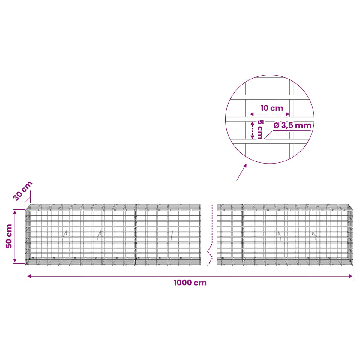 vidaXL Gabion z drutu 3,5 mm i siatką 5x10 cm 1000x30x50 cm