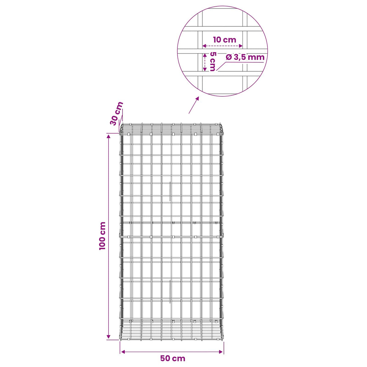 vidaXL Gabion z drutu 3,5 mm i siatką 5x10 cm 50x30x100 cm