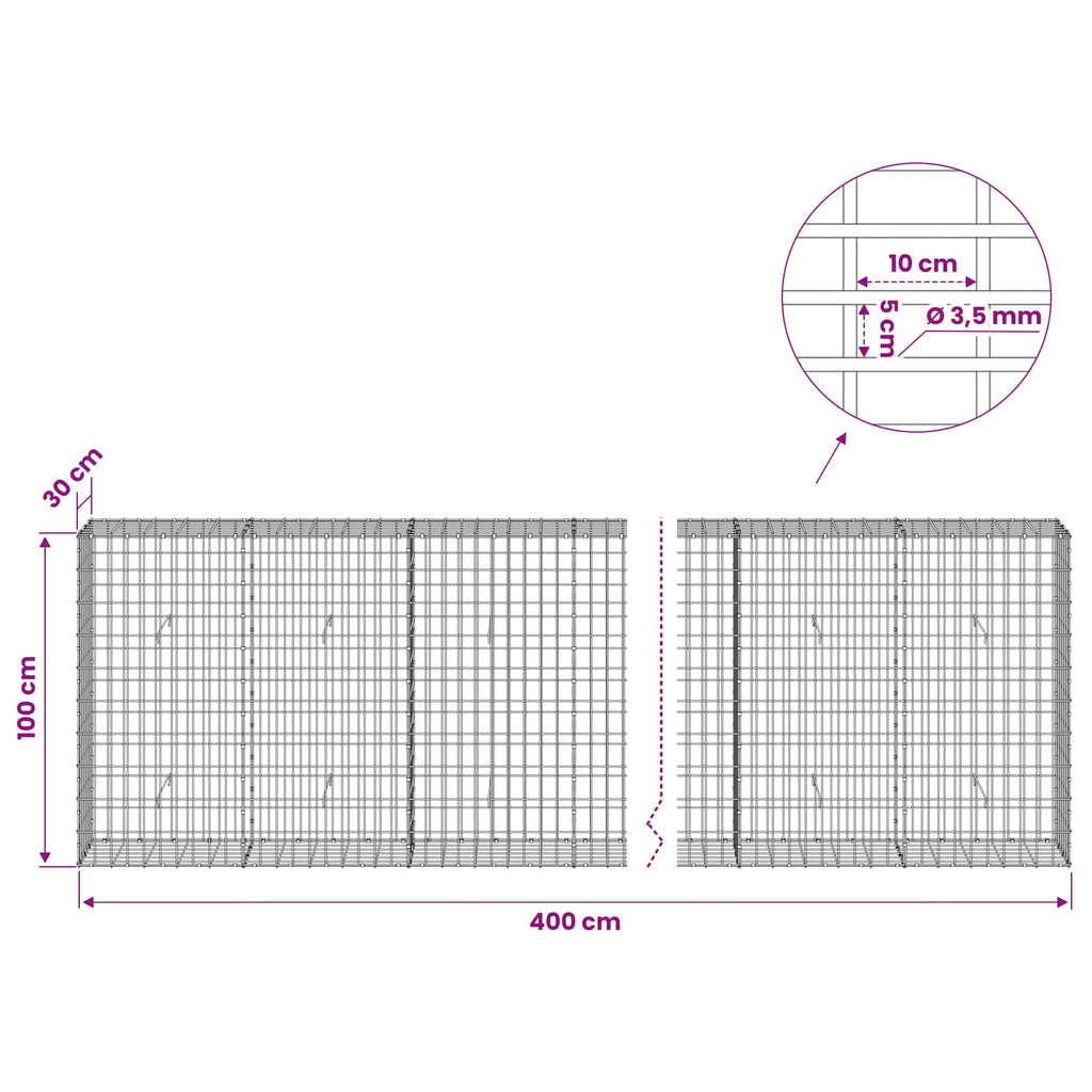 vidaXL Gabion z drutu 3,5 mm i siatką 5x10 cm 400x30x100 cm