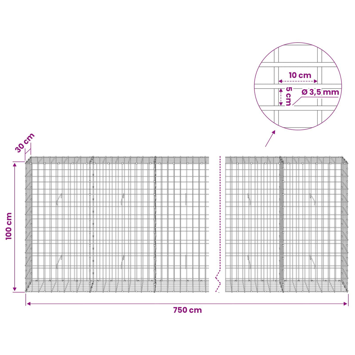 vidaXL Gabion z drutu 3,5 mm i siatką 5x10 cm 750x30x100 cm