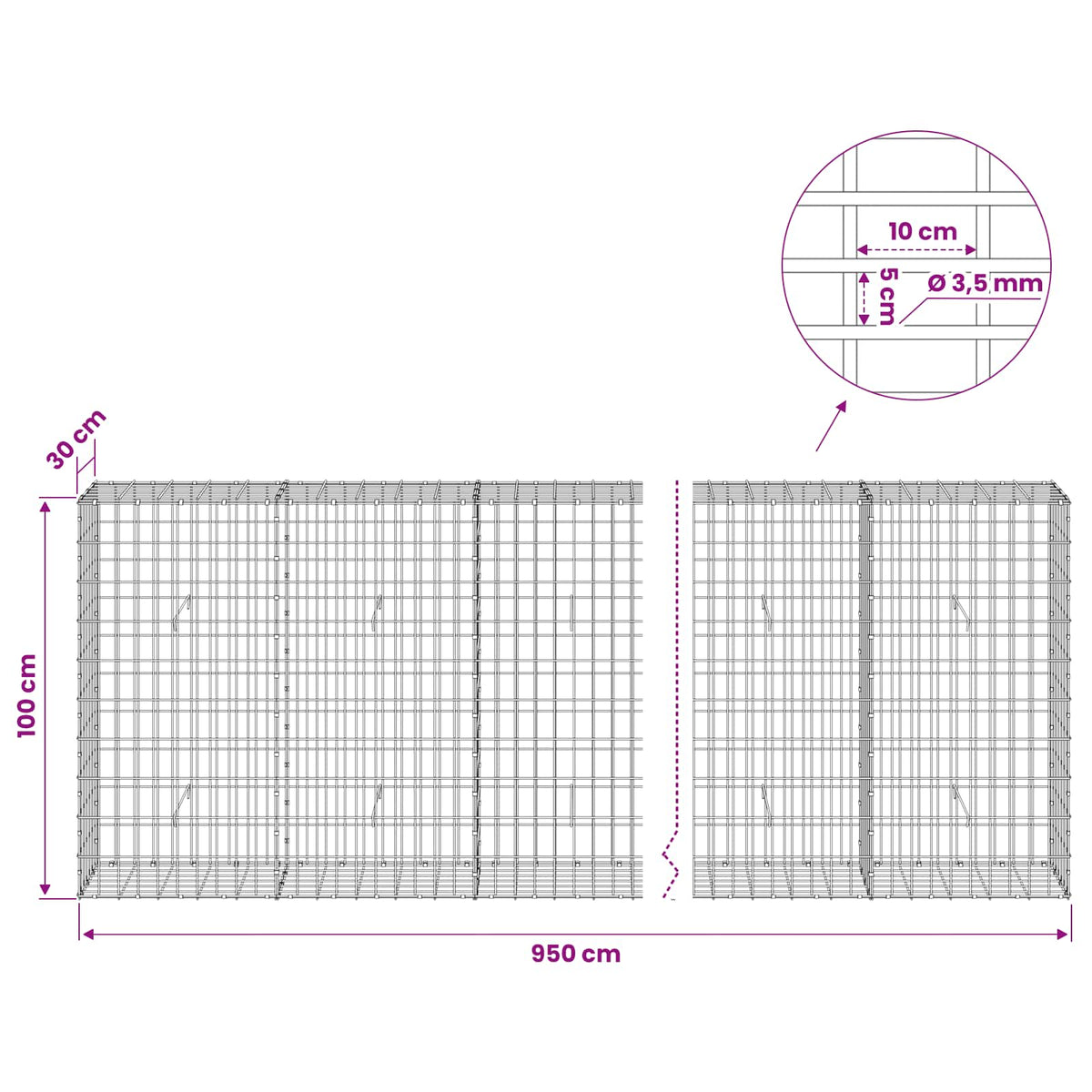 vidaXL Gabion z drutu 3,5 mm i siatką 5x10 cm 950x30x100 cm