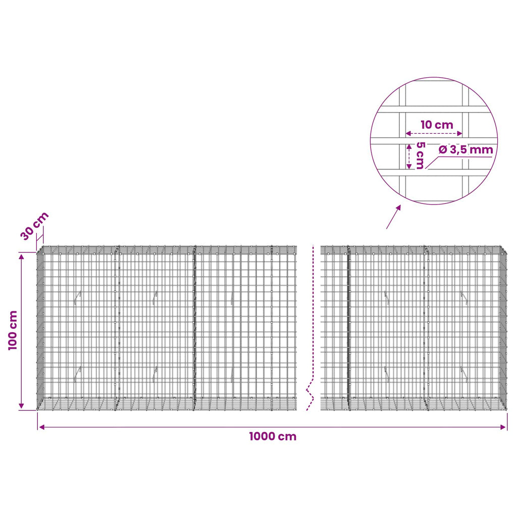 vidaXL Gabion z drutu 3,5 mm i siatką 5x10 cm 1000x30x100 cm