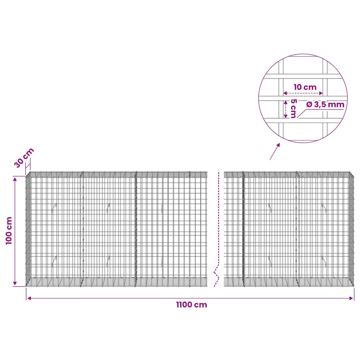 vidaXL Gabion z drutu 3,5 mm i siatką 5x10 cm 1100x30x100 cm