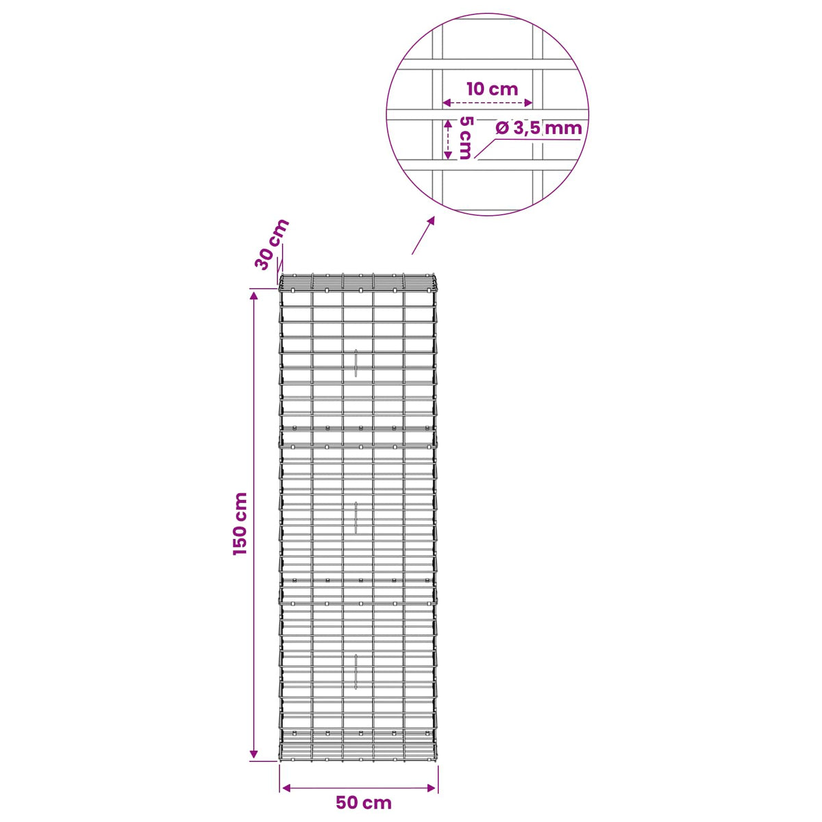 vidaXL Gabion z drutu 3,5 mm i siatką 5x10 cm 50x30x150 cm