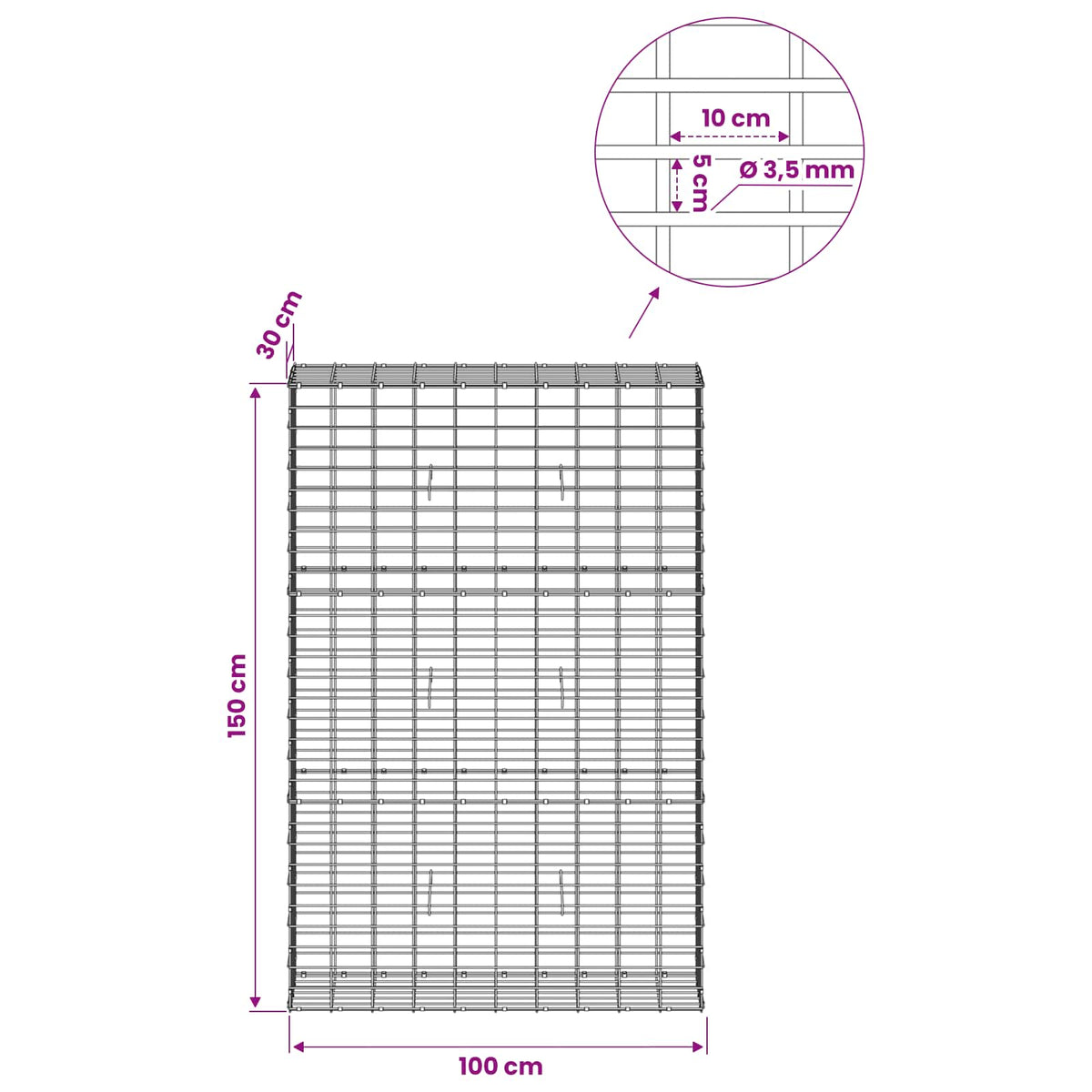 vidaXL Gabion z drutu 3,5 mm i siatką 5x10 cm 100x30x150 cm