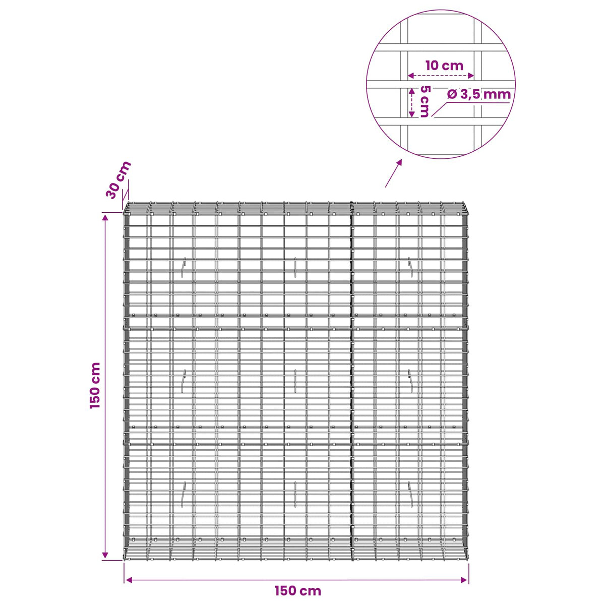 vidaXL Gabion z drutu 3,5 mm i siatką 5x10 cm 150x30x150 cm