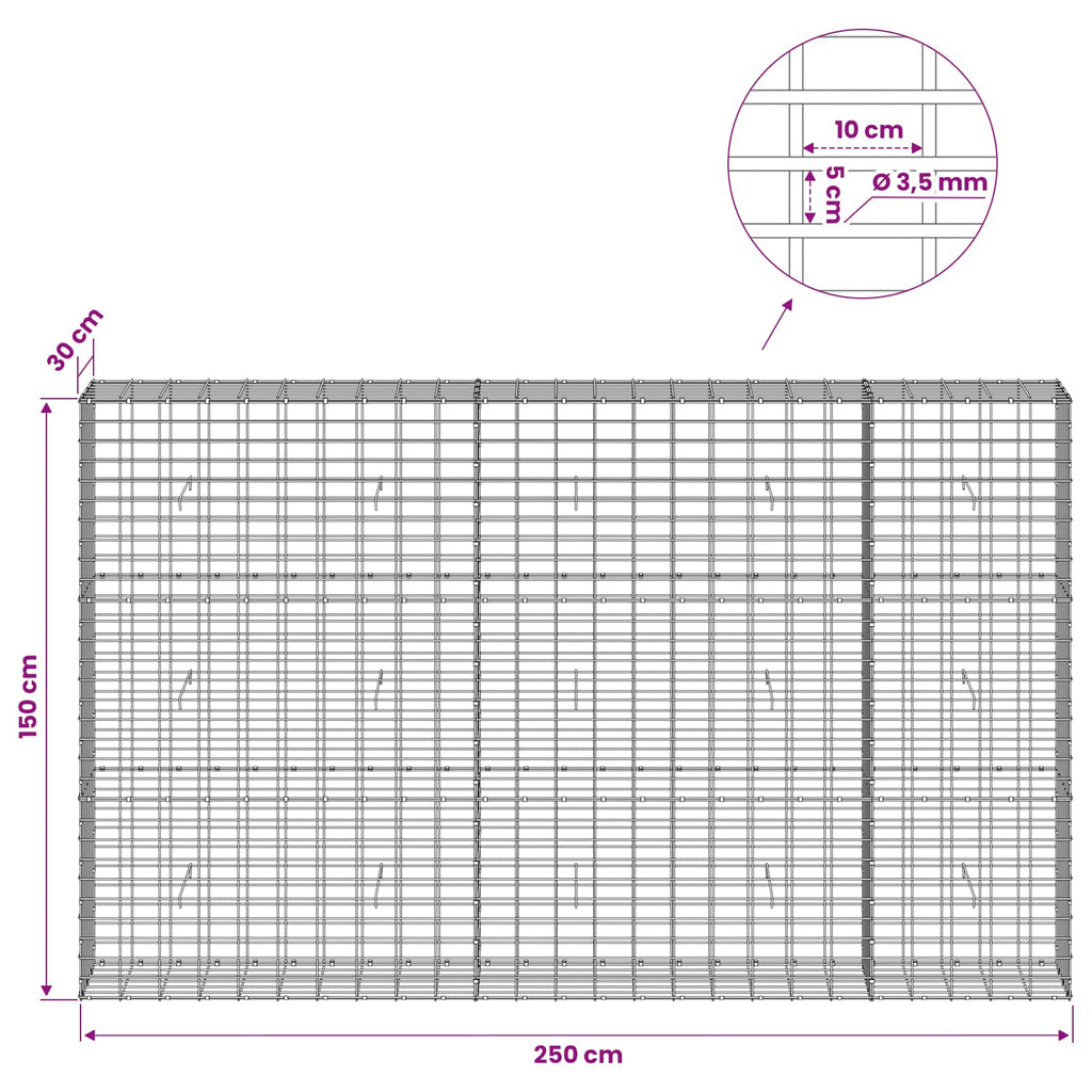 vidaXL Gabion z drutu 3,5 mm i siatką 5x10 cm 250x30x150 cm