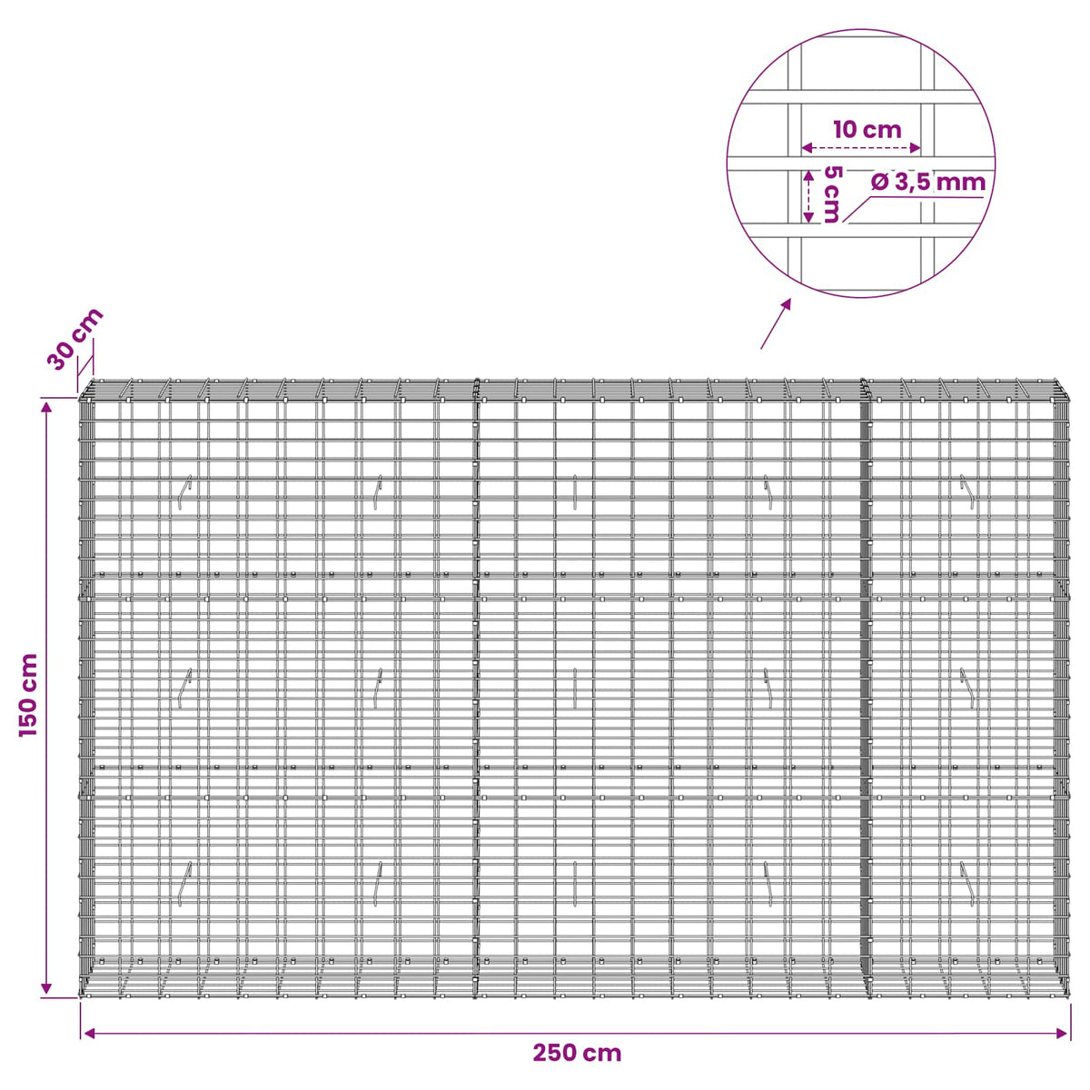 vidaXL Gabion z drutu 3,5 mm i siatką 5x10 cm 250x30x150 cm