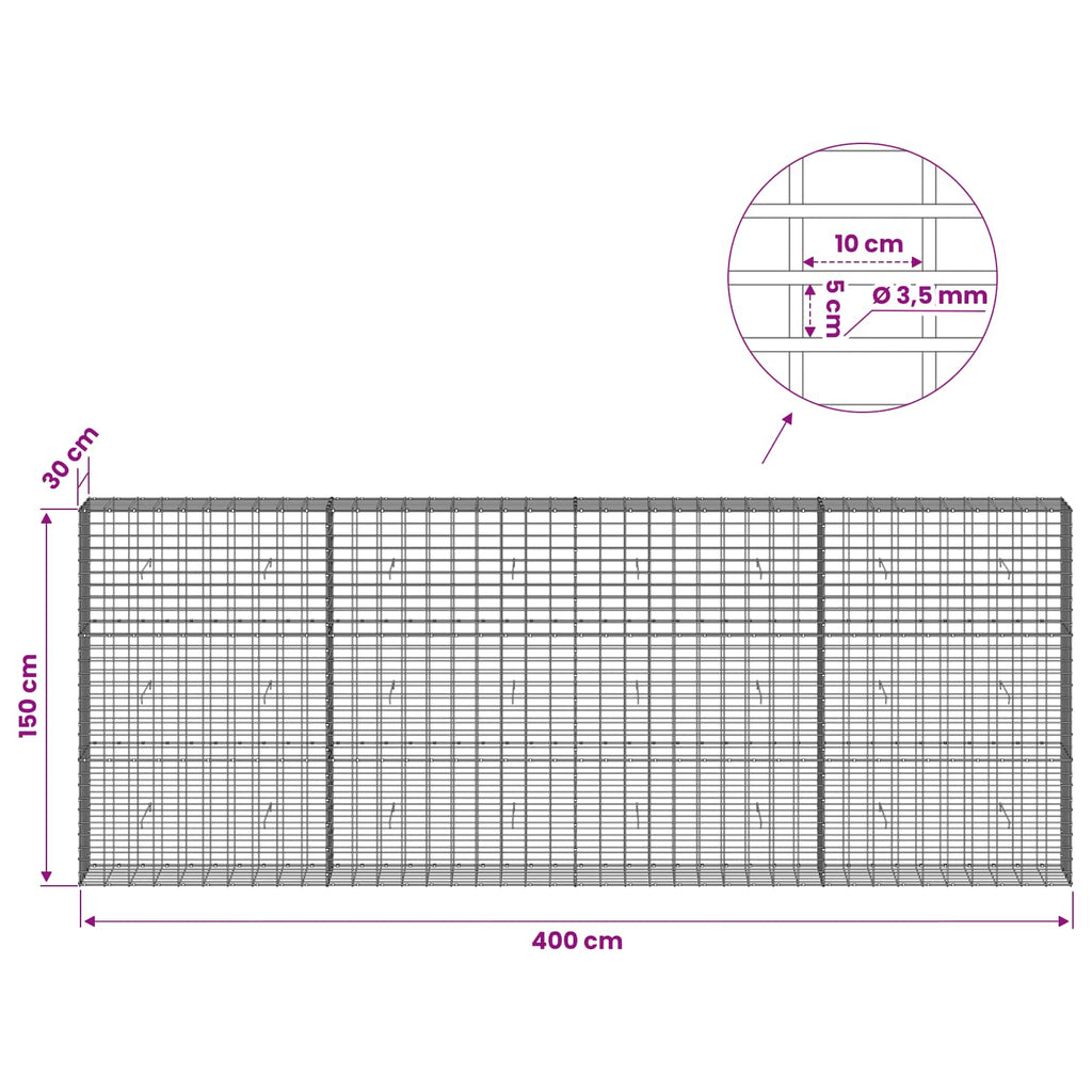 vidaXL Gabion z drutu 3,5 mm i siatką 5x10 cm 400x30x150 cm