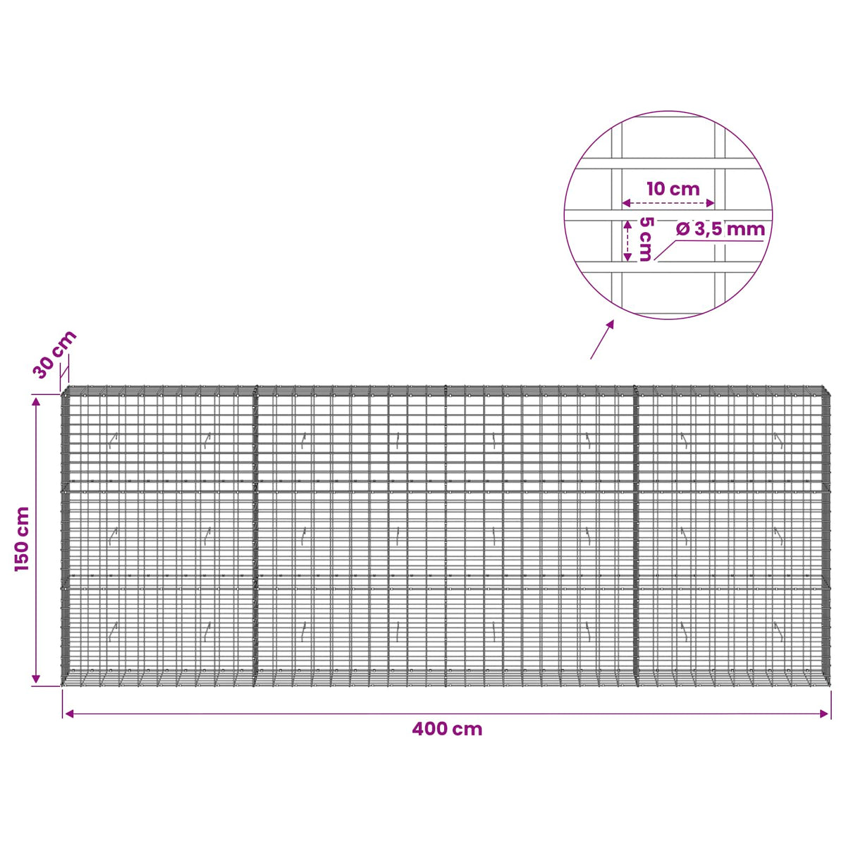 vidaXL Gabion z drutu 3,5 mm i siatką 5x10 cm 400x30x150 cm
