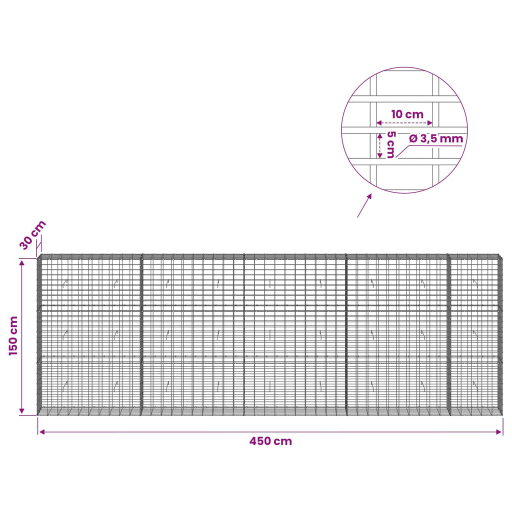vidaXL Gabion z drutu 3,5 mm i siatką 5x10 cm 450x30x150 cm
