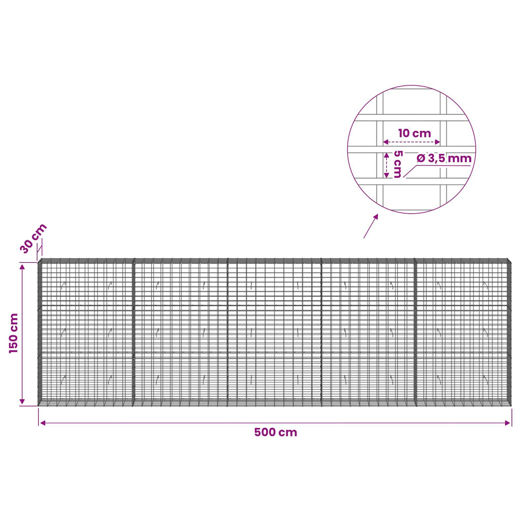 vidaXL Gabion z drutu 3,5 mm i siatką 5x10 cm 500x30x150 cm