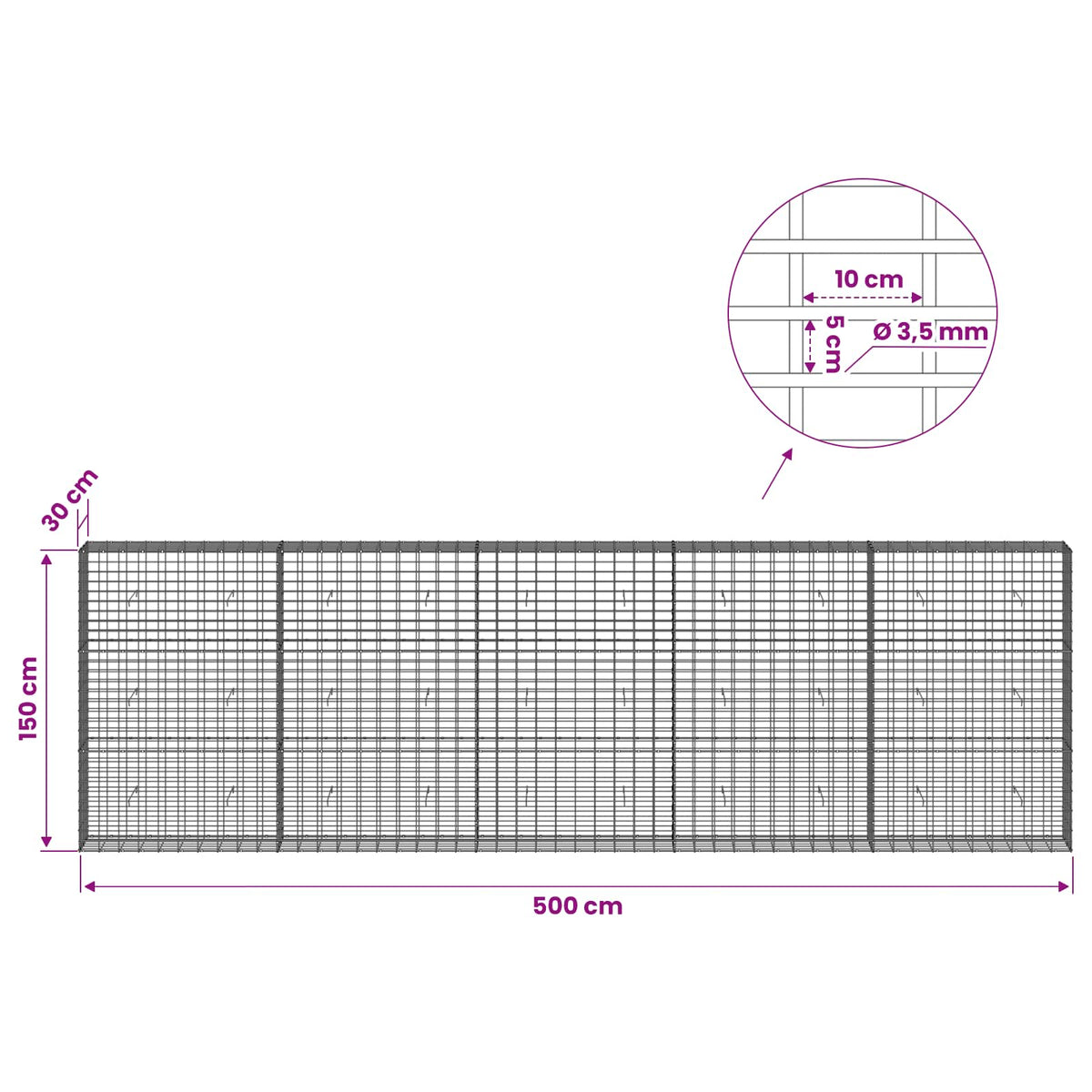 vidaXL Gabion z drutu 3,5 mm i siatką 5x10 cm 500x30x150 cm