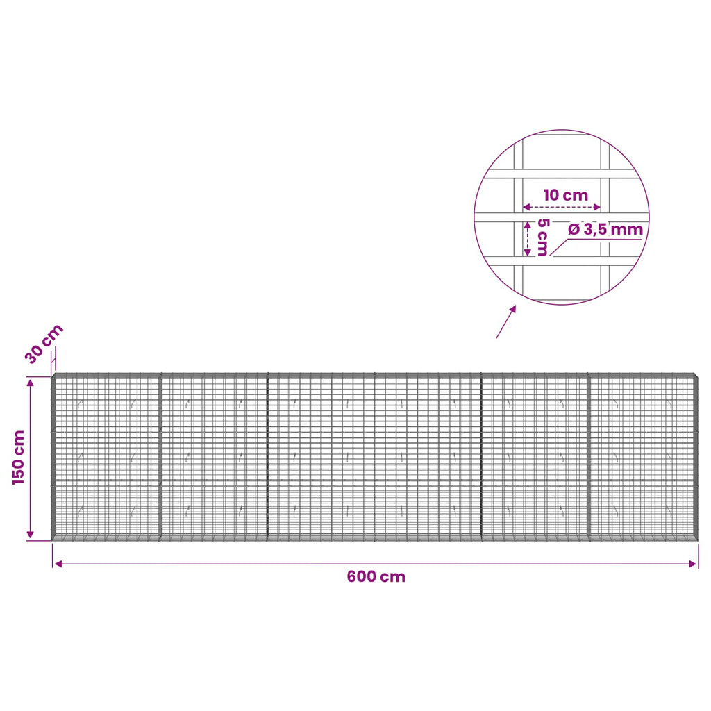 vidaXL Gabion z drutu 3,5 mm i siatką 5x10 cm 600x30x150 cm