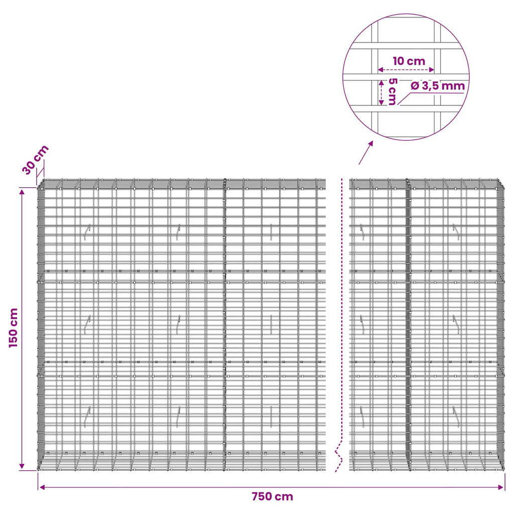 vidaXL Gabion z drutu 3,5 mm i siatką 5x10 cm 750x30x150 cm