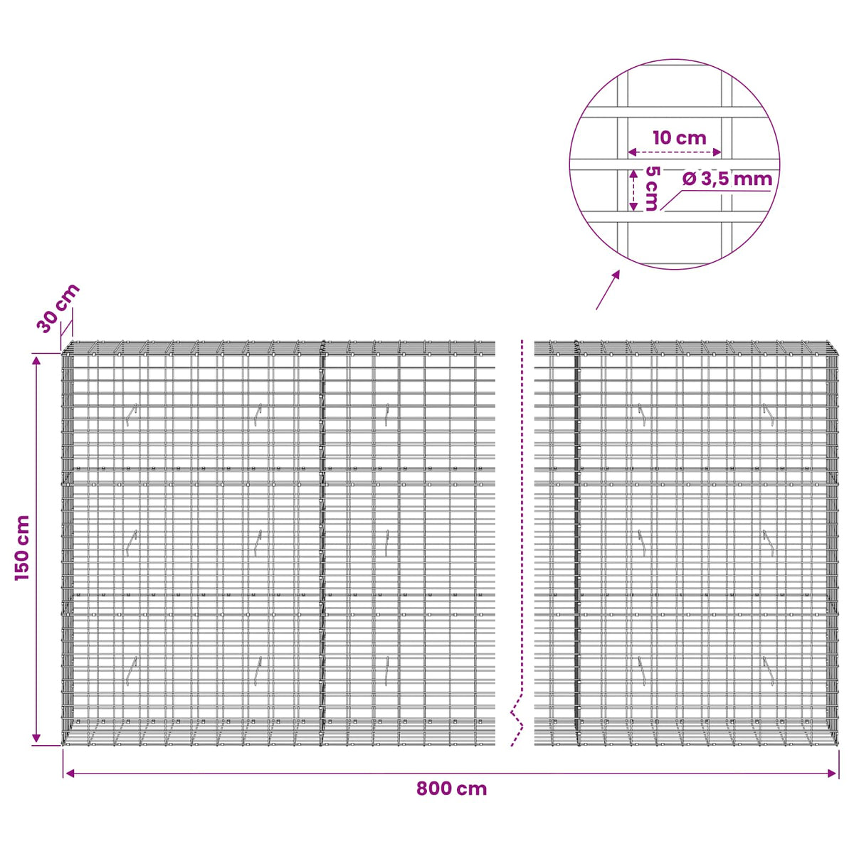 vidaXL Gabion z drutu 3,5 mm i siatką 5x10 cm 800x30x150 cm