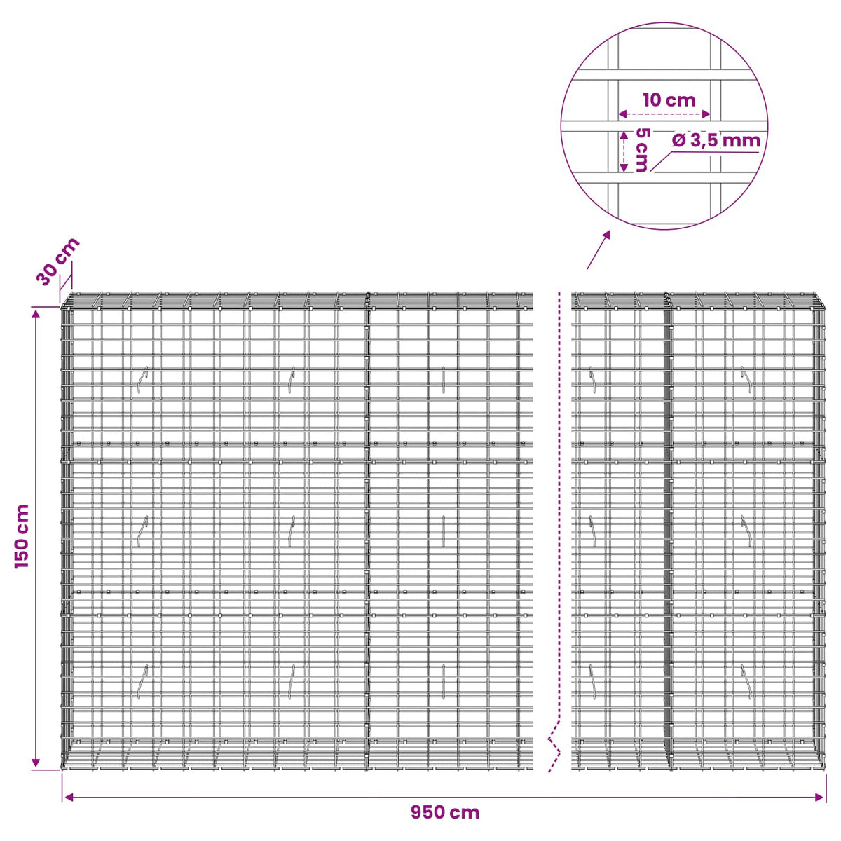 vidaXL Gabion z drutu 3,5 mm i siatką 5x10 cm 950x30x150 cm