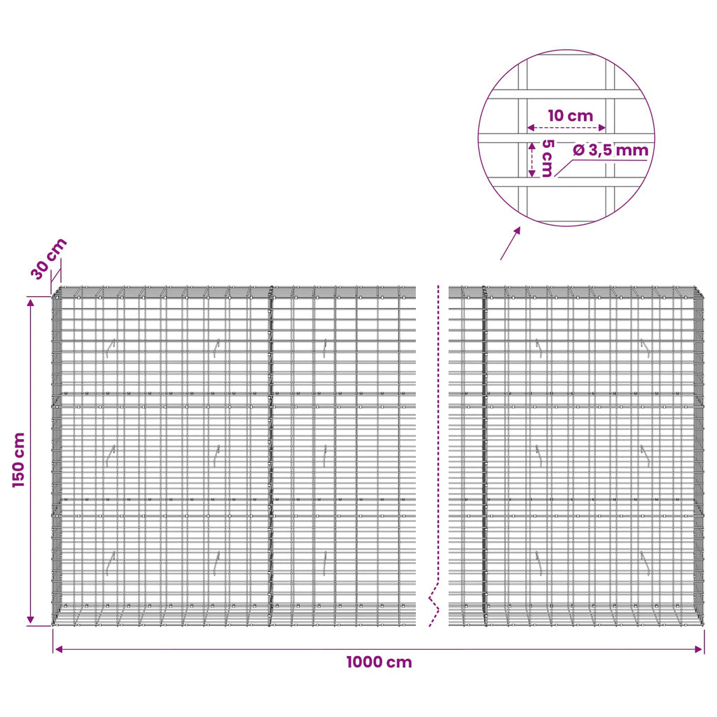 vidaXL Gabion z drutu 3,5 mm i siatką 5x10 cm 1000x30x150 cm