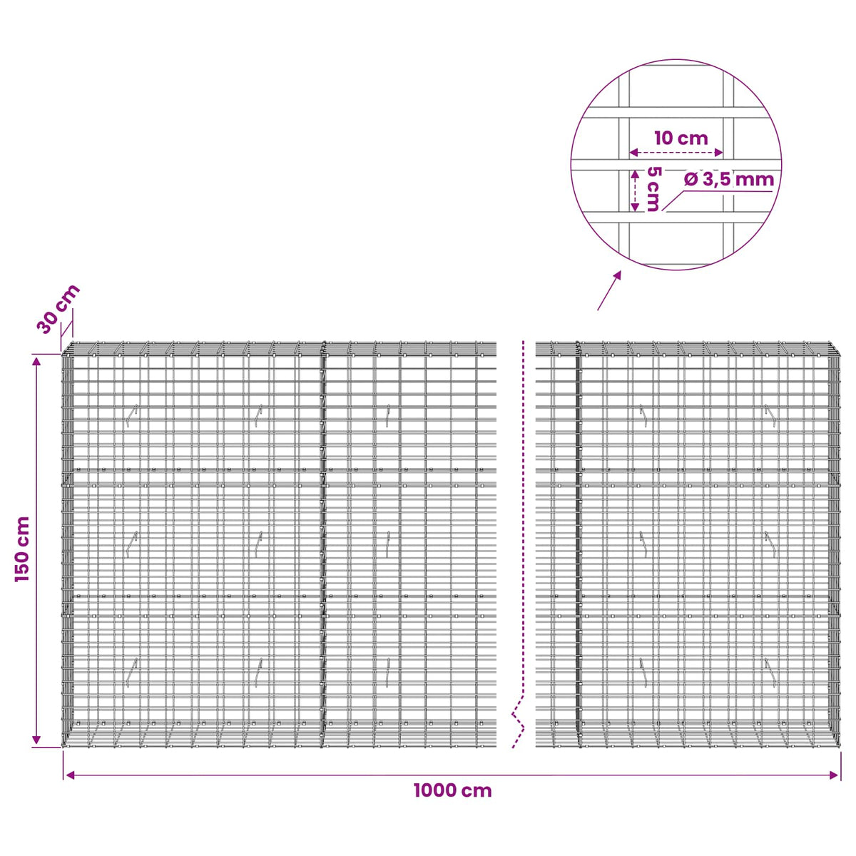 vidaXL Gabion z drutu 3,5 mm i siatką 5x10 cm 1000x30x150 cm