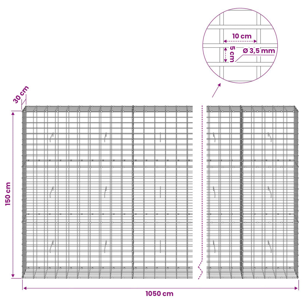 vidaXL Gabion z drutu 3,5 mm i siatką 5x10 cm 1050x30x150 cm